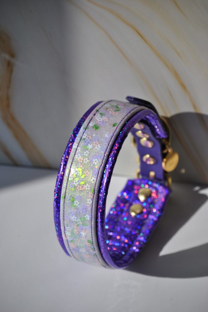 Glitter biothane halsband met holografisch imitatieleer
