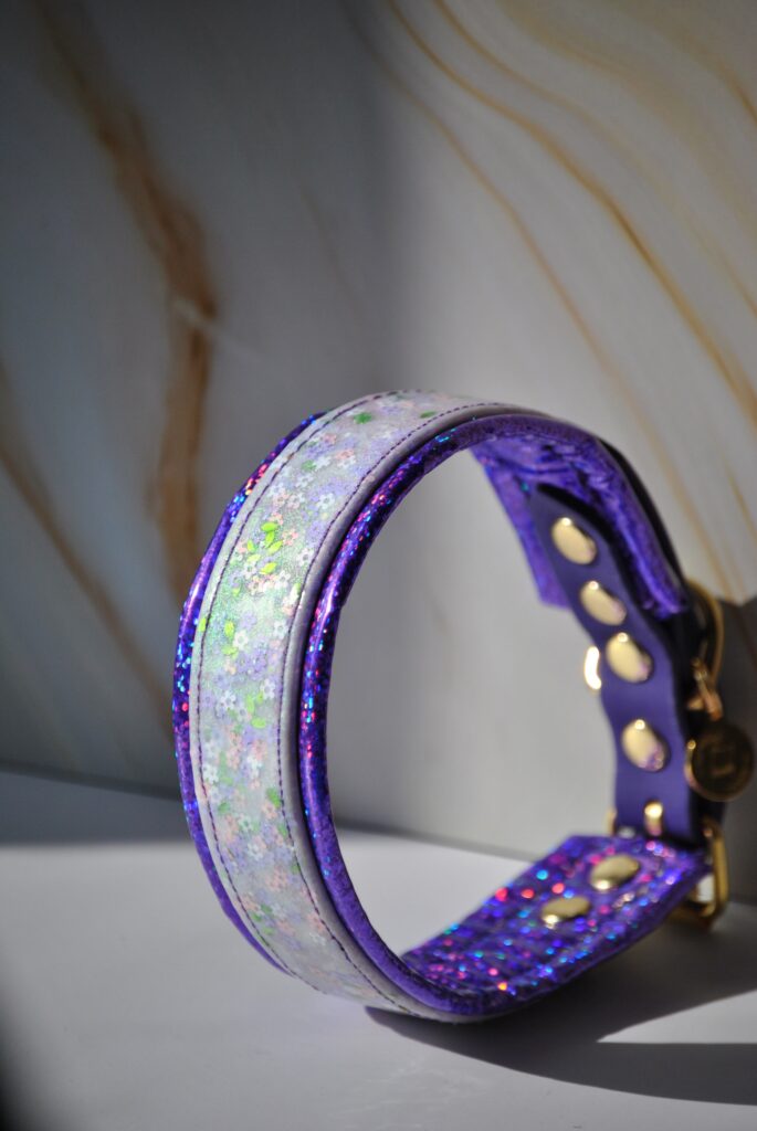 Glitter biothane halsband met holografisch imitatieleer