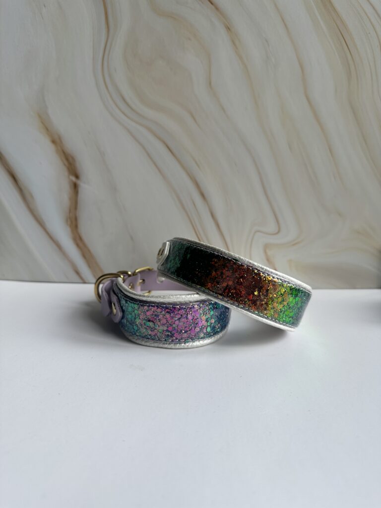 Holografisch biothane glitter halsband blauw/paars