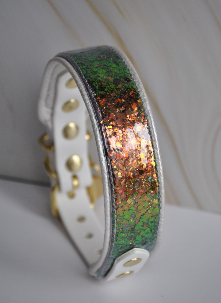 Holografisch glitter biothane halsband groen/oranje