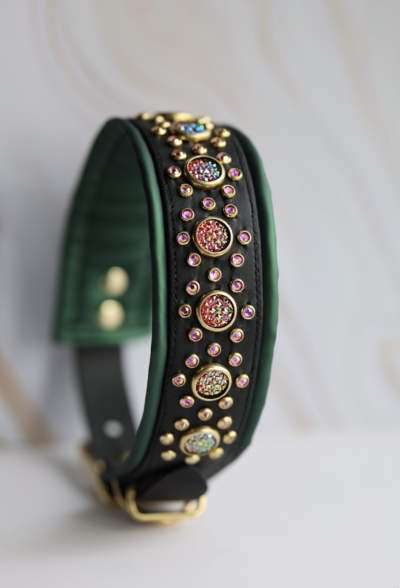 Speciale rhinestone biothane halsband met kunstleer